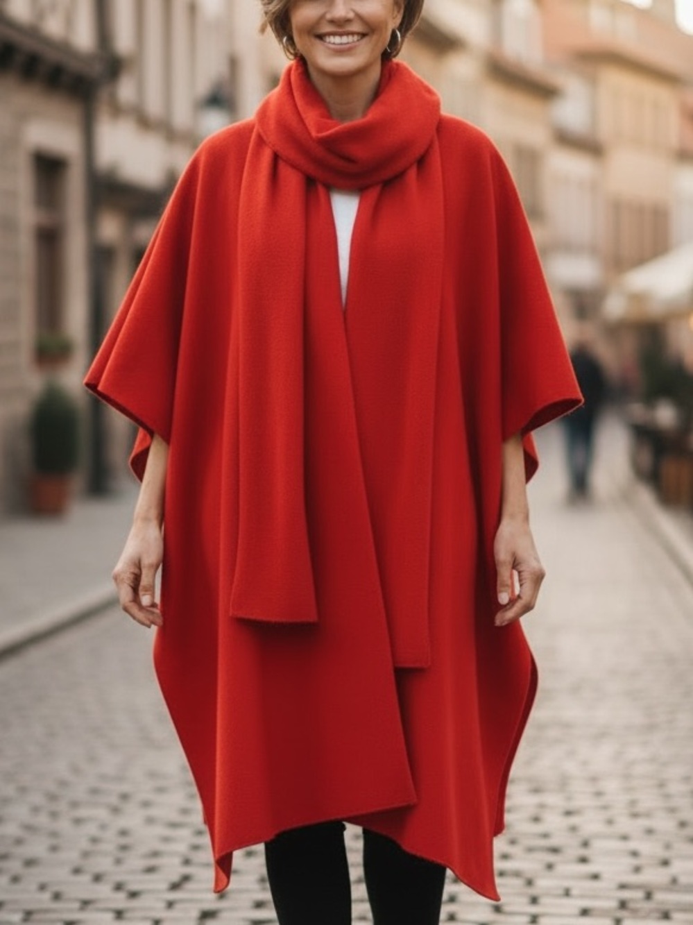 Specialty House Open-Front Red Poncho with Built In Scarf